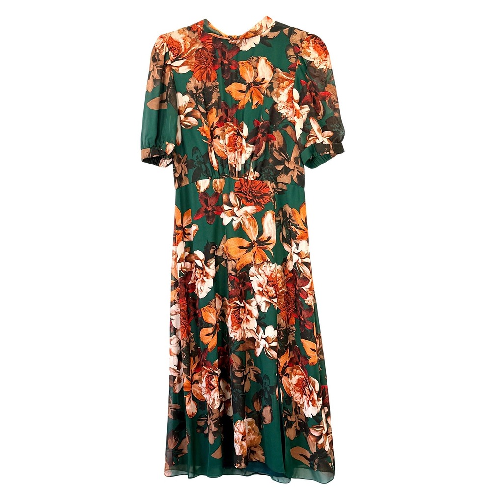 Julia Jordan Green Floral Tie Neck Midi Dress Puff Sleeve Size 8 mrs‎ maisel
